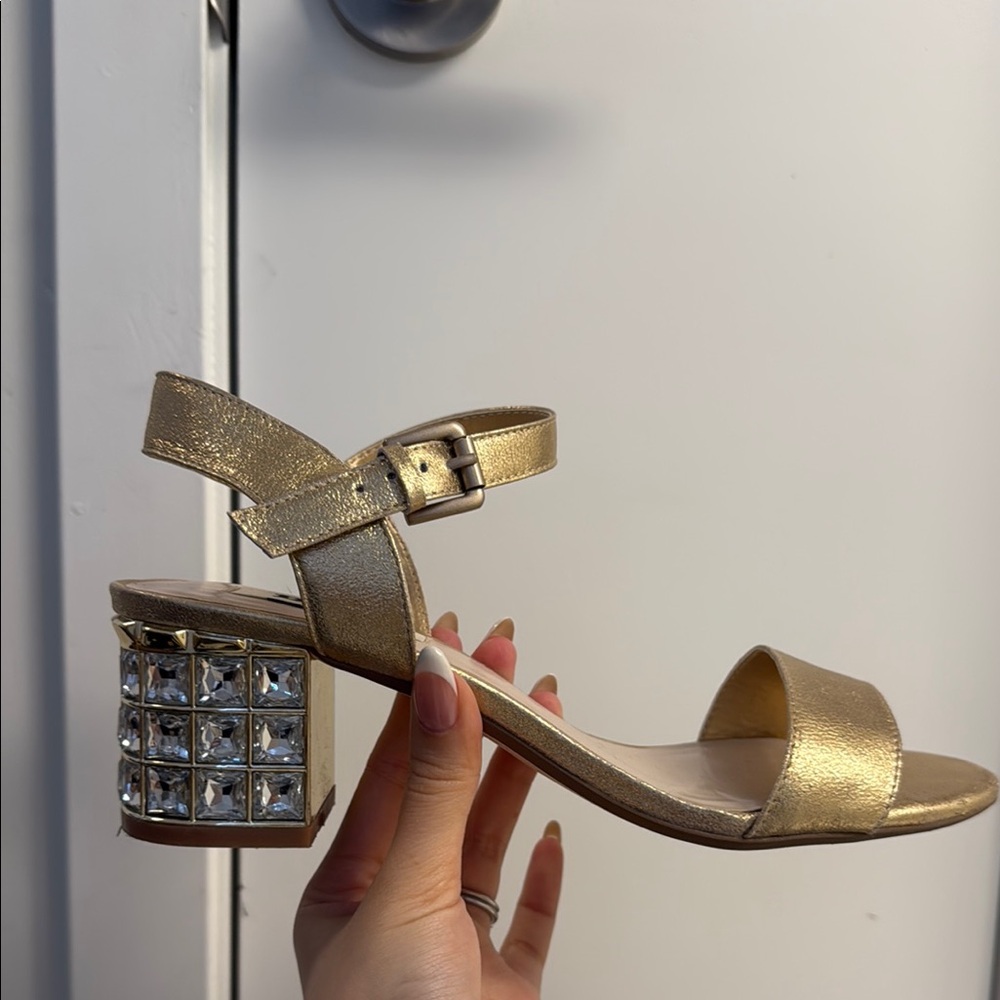 Dune London Gold Studded Block Heel Sandals